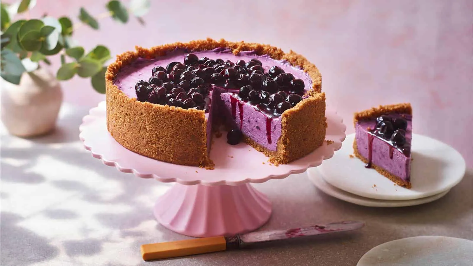 Creamy cheesecake topped with glossy blueberry sauce