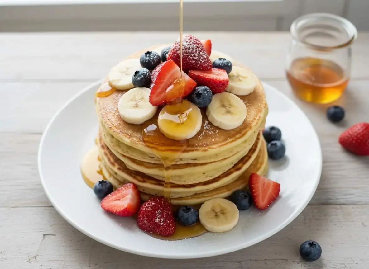 Fluffy pancakes served with fresh fruits and sweet syrup.