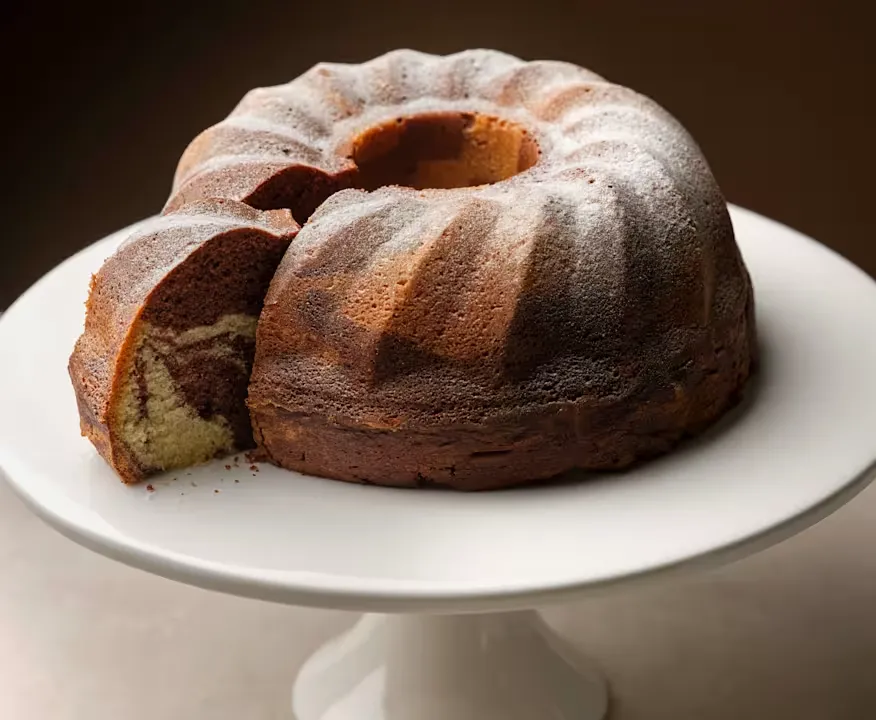 Freshly baked marble cake with beautiful chocolate patterns