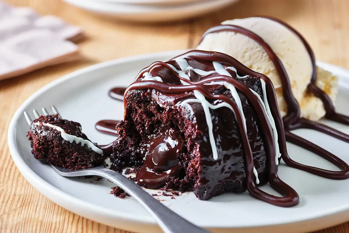 Chocolate meltdown cake served with gooey chocolate filling and syrup drizzle.